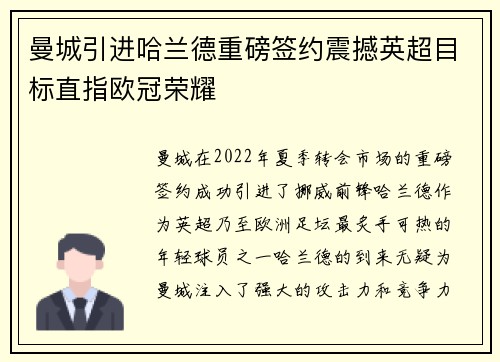 曼城引进哈兰德重磅签约震撼英超目标直指欧冠荣耀