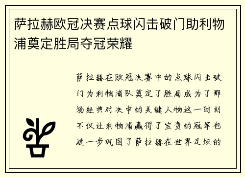 萨拉赫欧冠决赛点球闪击破门助利物浦奠定胜局夺冠荣耀 萨拉赫欧冠决赛点球闪击破门助利物浦奠定胜局夺冠荣耀