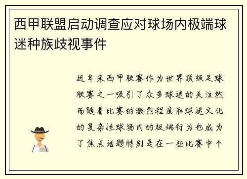 西甲联盟启动调查应对球场内极端球迷种族歧视事件