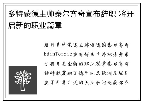 多特蒙德主帅泰尔齐奇宣布辞职 将开启新的职业篇章